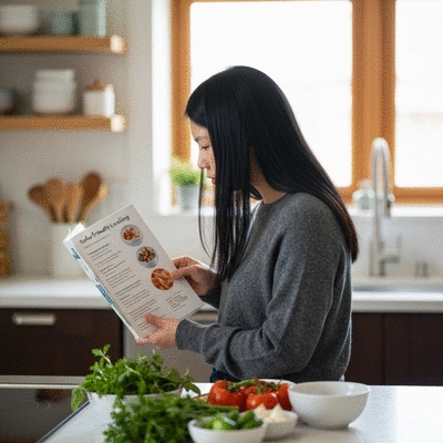 Person looking at a tablet with a healthy recipe, representing visual aids for reflux-friendly cooking