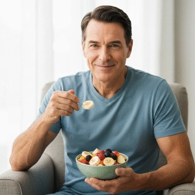 Person enjoying a bowl of mixed non-citrus fruits, representing a GERD-friendly diet