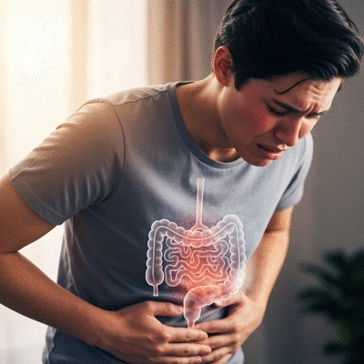 Person experiencing heartburn and stress, conceptual image