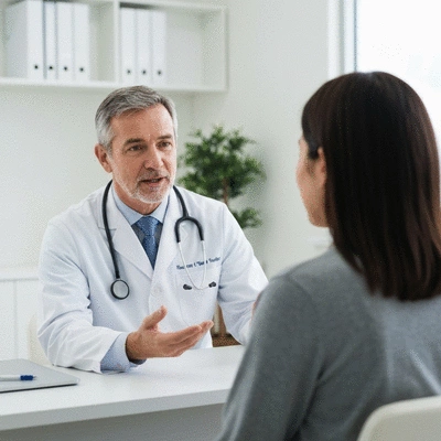 Medical professional explaining recovery timeline to a patient in a clean, modern clinic, no text, no words, no typography, clean image