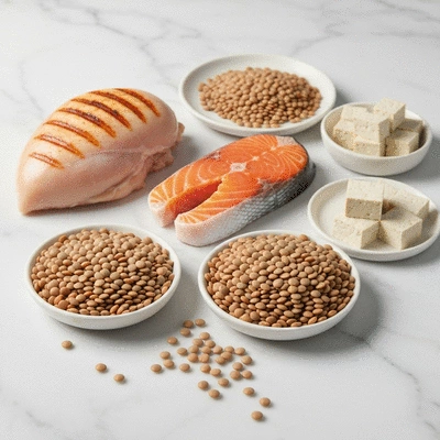 Various lean protein sources including chicken, fish, and lentils on a clean background