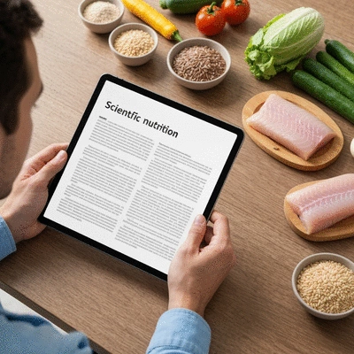 Person reading a scientific article on a tablet, with healthy food ingredients on a table, symbolizing research and diet