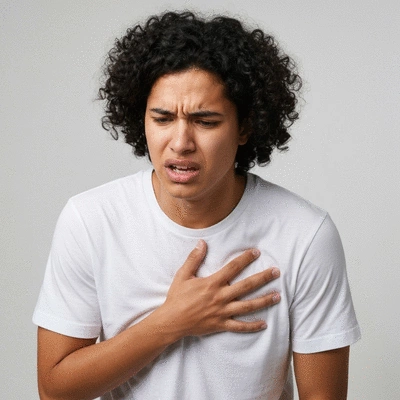 Person experiencing heartburn, holding their chest in discomfort