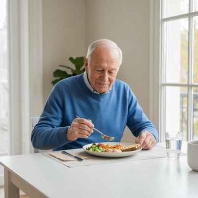 Elderly man eating a small, healthy meal at a dining table