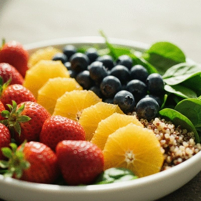 Bowl of colorful fiber-rich foods like fruits, vegetables, and whole grains