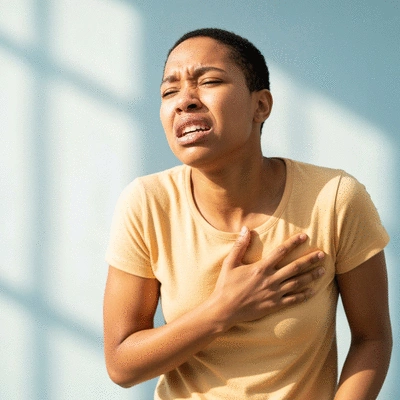 Person experiencing heartburn and discomfort, holding their chest