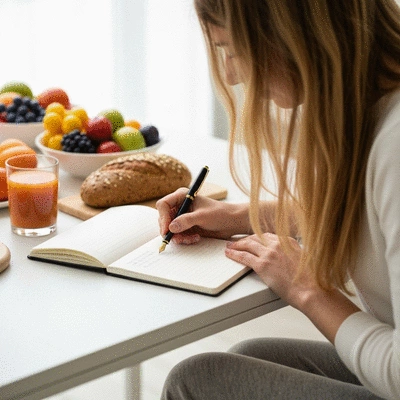 Person writing in a food and symptom journal with a pen