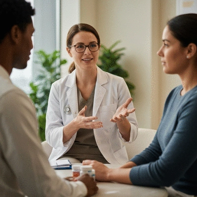 Healthcare professional consulting with a patient about dietary supplements and acid reflux, friendly atmosphere, modern clinic setting, no text, no words, no typography, clean image