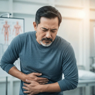 Person holding their stomach, illustrating digestive discomfort, with a medical chart in the background, clean image, no text