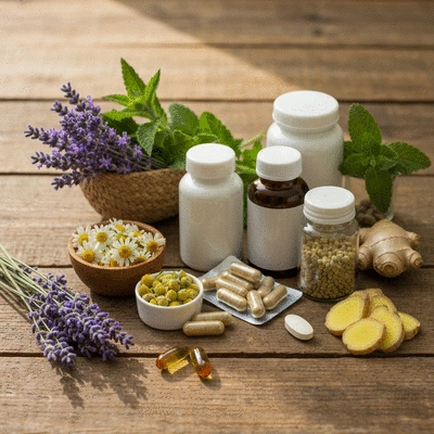 Various herbal remedies and supplements on a wooden table, soft natural light, clean image