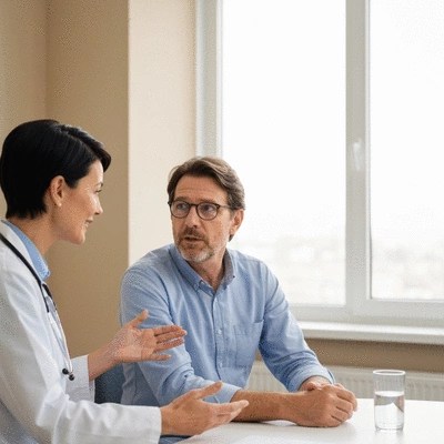 Doctor consulting patient about acid reflux symptoms, medical setting