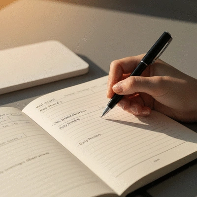 Person writing in a food journal, tracking meals and symptoms, clean image, no text