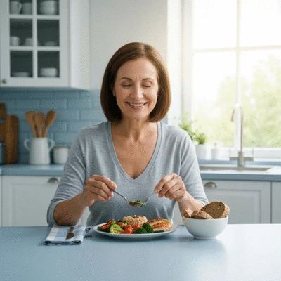 Person eating a balanced meal, showing healthy dietary adjustments, bright and clean kitchen environment, no text, no words, no typography, 8K