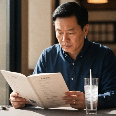 Person reading a restaurant menu with focused attention, with a glass of water nearby, clean image