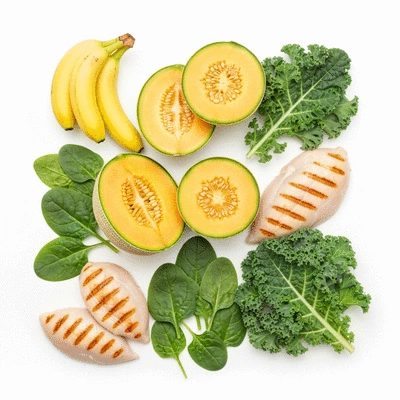 Variety of alkaline foods like bananas, melons, leafy greens, and lean protein on a clean white background, arranged aesthetically