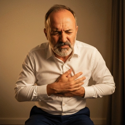 Person experiencing heartburn after a meal, holding their chest