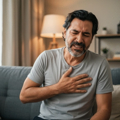 Person experiencing heartburn, hand on chest, discomfort