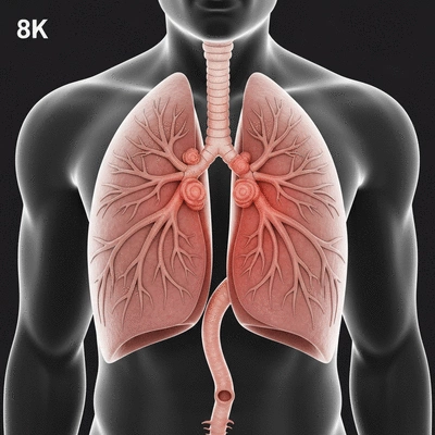Close-up of human lungs and esophagus, with a subtle indication of acid reflux affecting the airways