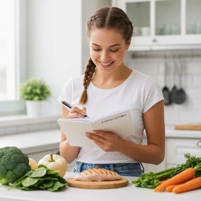 Person holding a food diary and pen, making notes, surrounded by healthy food options. Bright, clean kitchen setting.