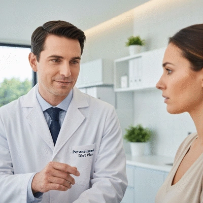Doctor and patient discussing a personalized diet plan in a modern clinic setting