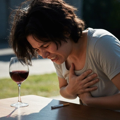 Person experiencing heartburn, holding chest, with a glass of alcohol and a cigarette nearby, illustrating the combined effects of smoking and alcohol on acid reflux. No text, no words, no typography, 8K, natural lighting.