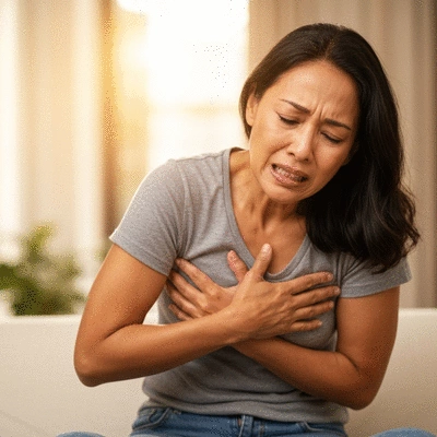 Person experiencing heartburn, holding their chest, distressed expression, warm lighting, soft focus background, no text, no words, no typography, clean image