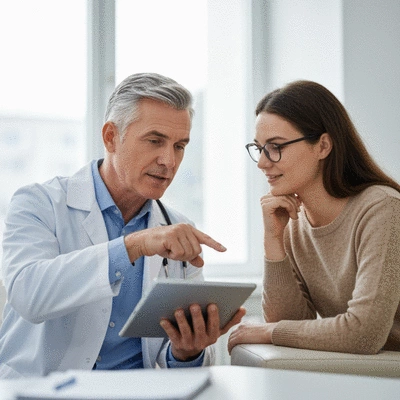 Doctor and patient discussing medication on a tablet, in a clean, modern clinic setting.
