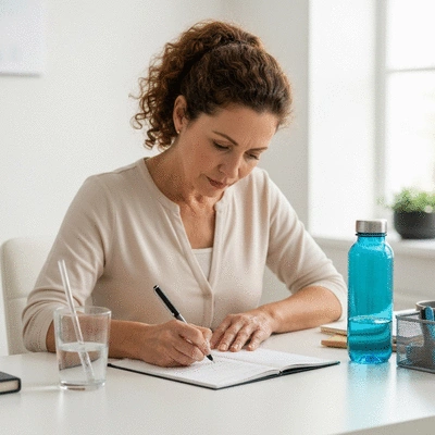 Person writing in a symptom diary or notepad, surrounded by health-related items