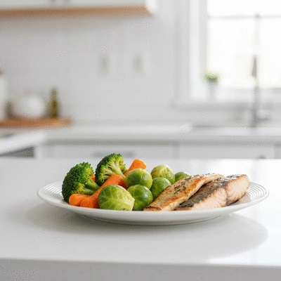 Steamed vegetables and grilled fish on a plate, representing healthy cooking for acid reflux