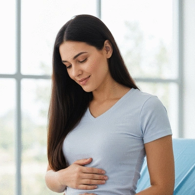 Patient recovering after surgery, gently touching their abdomen, with a soft, blurred medical background, no text, no words, no typography, clean image