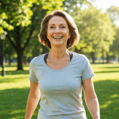 Person engaging in light exercise, like walking in a park, representing weight management and physical activity for acid reflux, bright outdoor lighting, no text, no words, no typography, 8K