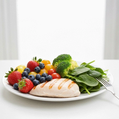 Balanced meal with fruits, vegetables, and lean protein