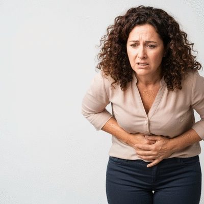 Person holding their stomach in relief from acid reflux, clean image