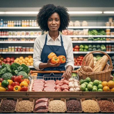Person choosing healthy foods in a grocery store, focus on fresh produce and lean proteins