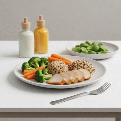 Balanced meal with lean protein, vegetables, and whole grains, promoting healthy digestion