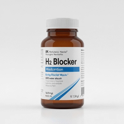Bottle of H2 blocker medication on a clean white surface, no text, no words, no typography