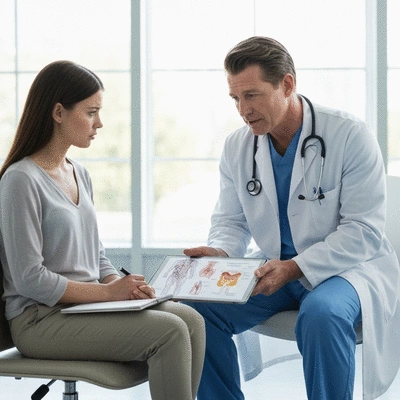 Doctor consulting with a patient about postoperative care for digestive health, clean hospital setting, no text