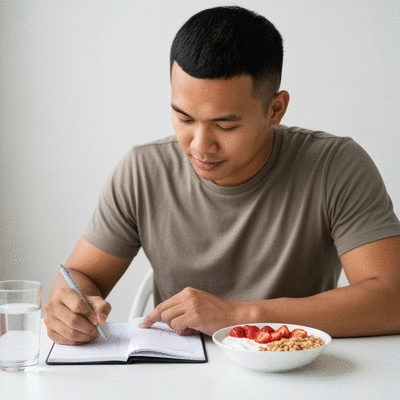 Person writing in a food diary, showing a healthy meal on the table, bright and clean environment