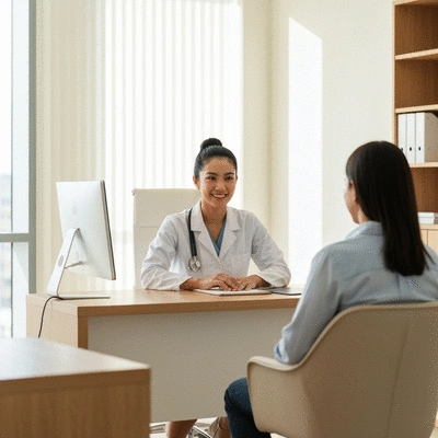 Doctor consulting with a patient about acid reflux treatment options in a modern clinic setting