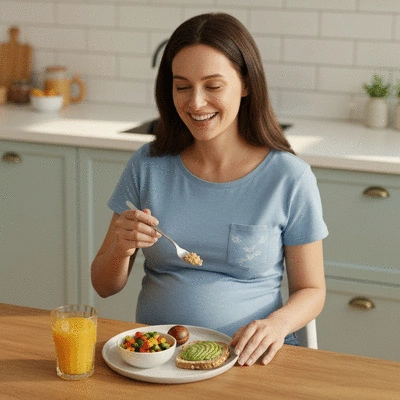 Pregnant woman eating a healthy, small meal, focusing on mindful eating and portion control