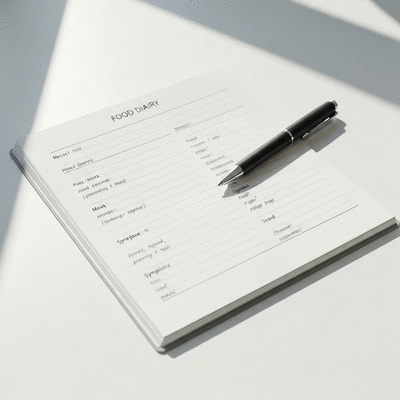 Food diary with pen, showing entries of meals and symptoms, clean and bright