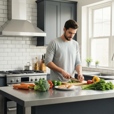 Person preparing a healthy meal with lean protein and vegetables in a modern kitchen