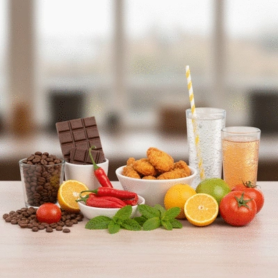 Variety of foods commonly known to trigger acid reflux, neatly arranged on a table, partially blurred to symbolize avoidance.