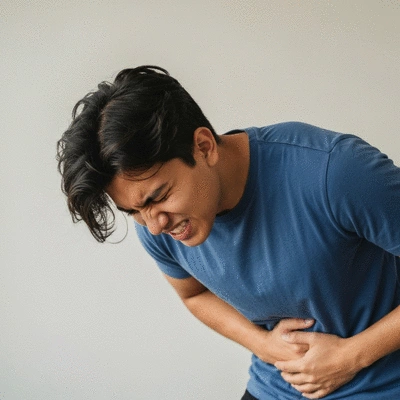 Person holding their stomach in discomfort, illustrating GERD symptoms exacerbated by stress