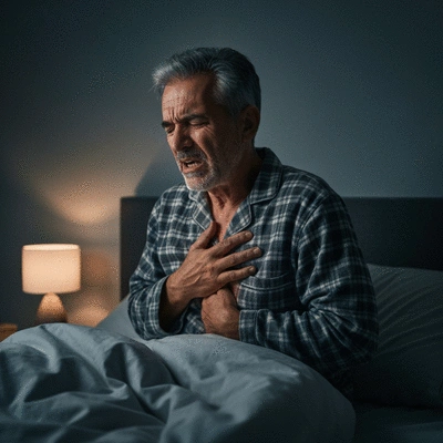 Person experiencing heartburn in bed at night, holding chest
