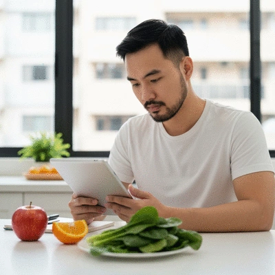 Person reviewing a food diary on a tablet, with healthy food items on a table