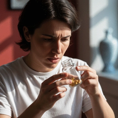 Person holding a pill bottle and looking at medicine, with a subtle background suggesting discomfort or reflection.