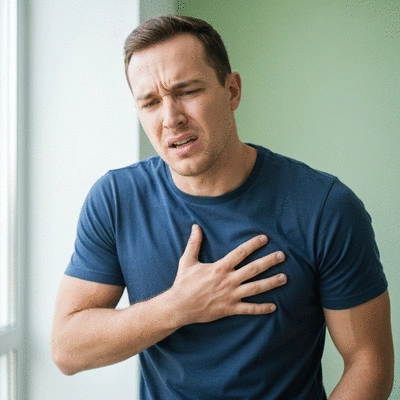 Person holding their chest in discomfort from acid reflux, clean background, natural lighting