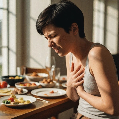 Person experiencing heartburn after a meal, clutching their chest, with blurred background of a dinner table