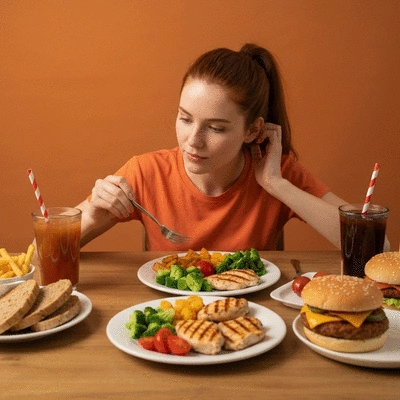 Person making a conscious choice, looking at a healthy plate of food vs. unhealthy options, illustrating lifestyle changes for managing acid reflux. No text, no words, no typography, 8K, natural lighting.